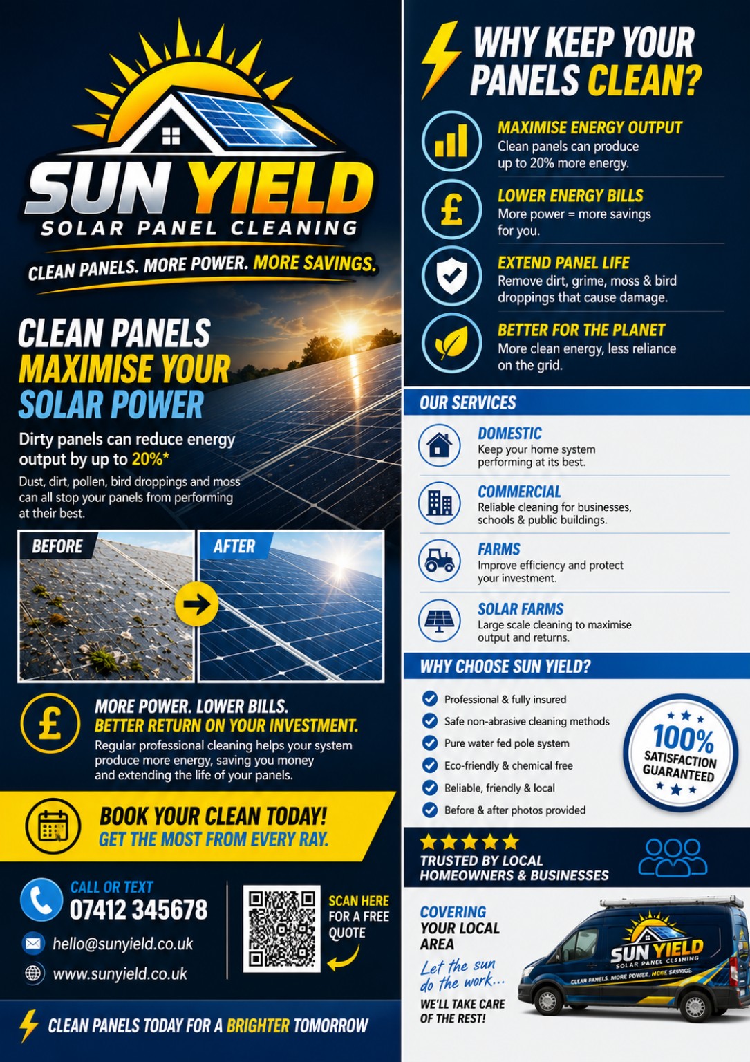 Sun Yield solar panel cleaning leaflet showing services and benefits